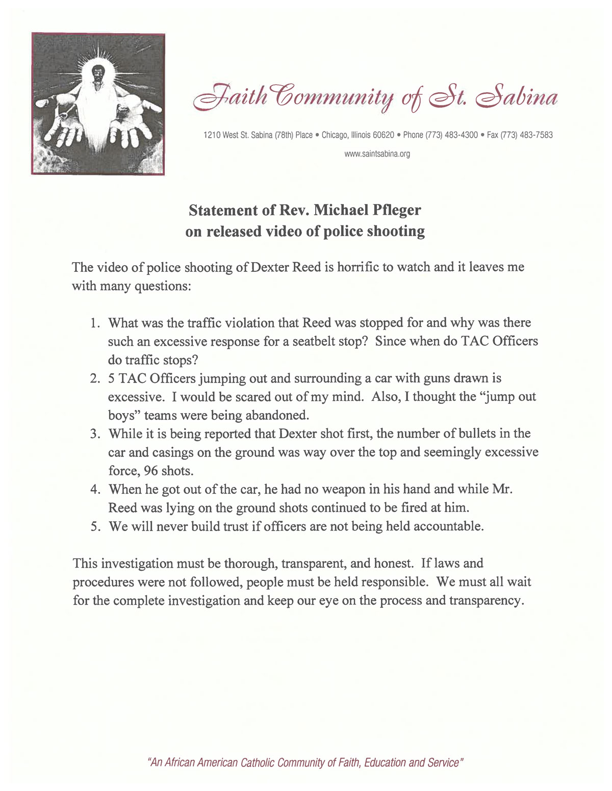 2024.04.12 Statement by Rev.Pfleger on Dexter.Reed Police