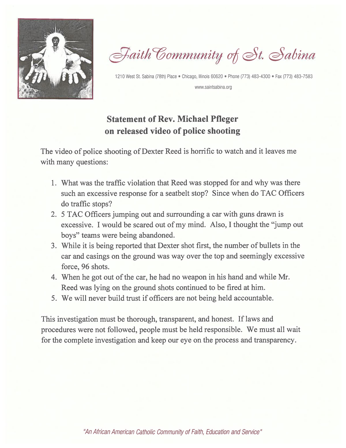 Statement of Rev. Michael L. Pfleger on released video of police shooting of Dexter Reed