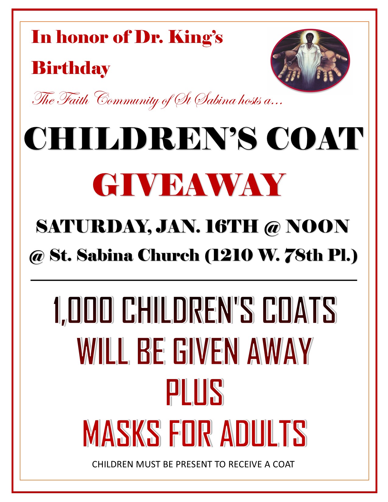 Children's Coat Giveaway at St Sabina Church on January 16, 2021 at 12noon