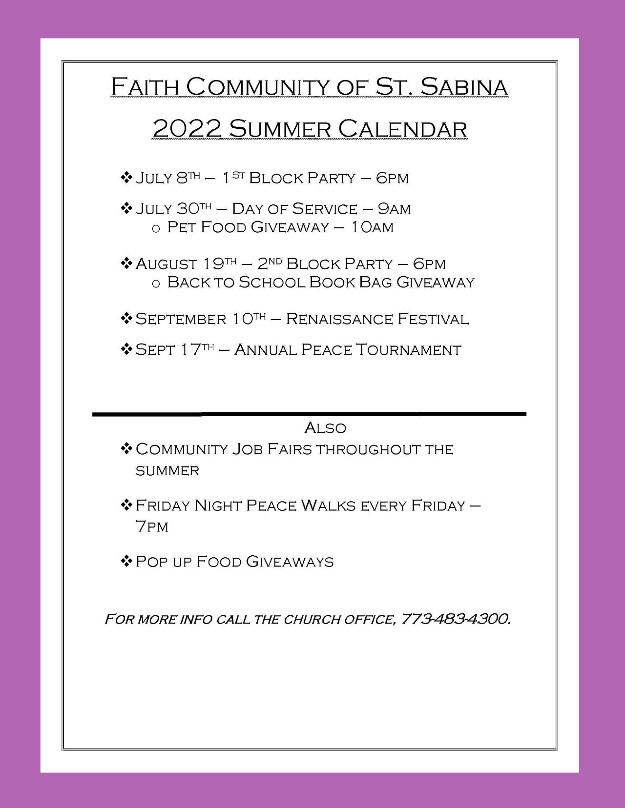 2022 St.Sabina Summer Events List