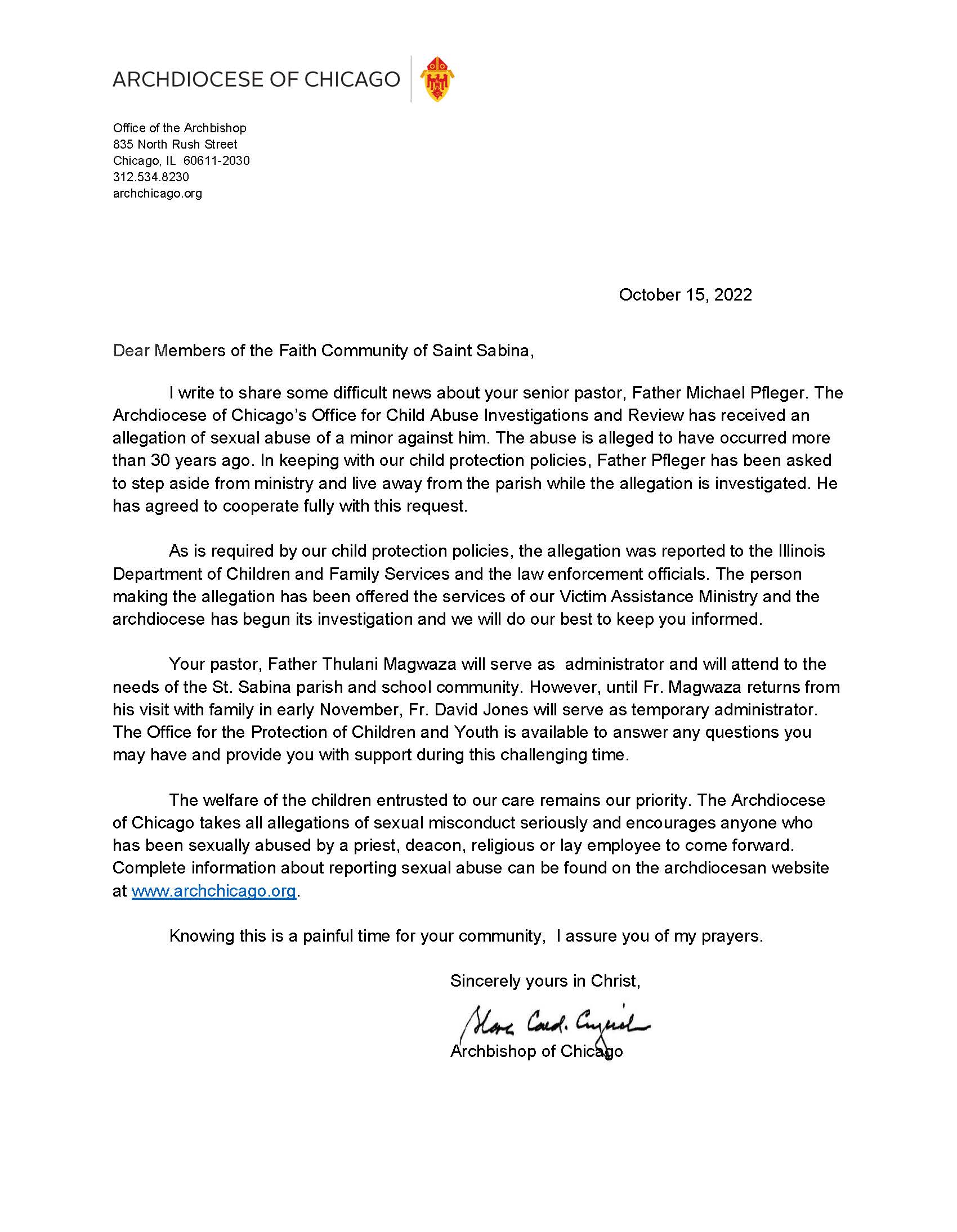 10.15.2022 Letter notifying Saint Sabina Faith Community of allegation against Father PflegerFINAL